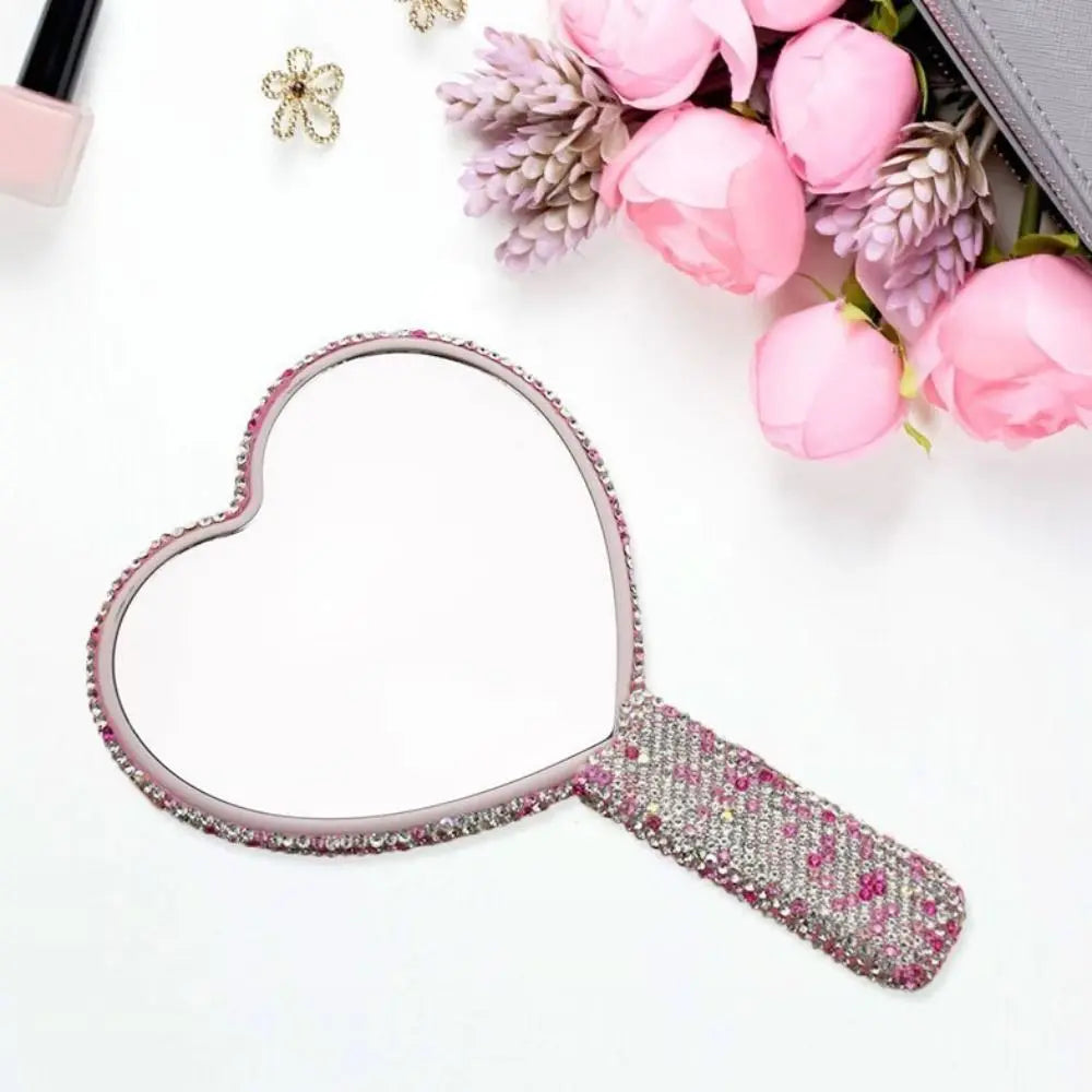 New Rhinestone Makeup Mirror with Handle Round Square Heart Shape Cosmetic Hand Mirror Portable Shiny Bling Handheld Mirror Zpaxo