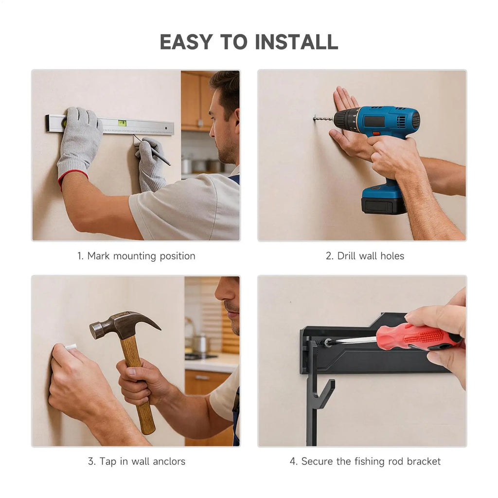 Fishing Rod Rack Wall Mount Horizontal Space-saving Storage Gear Tool