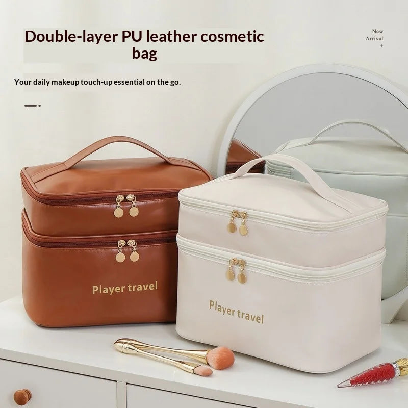 New Double Layered Portable Large Capacity Toiletry Bag Pu Waterproof Makeup Bag Travel Portable Toiletries Cosmetic Storage Bag Zpaxo
