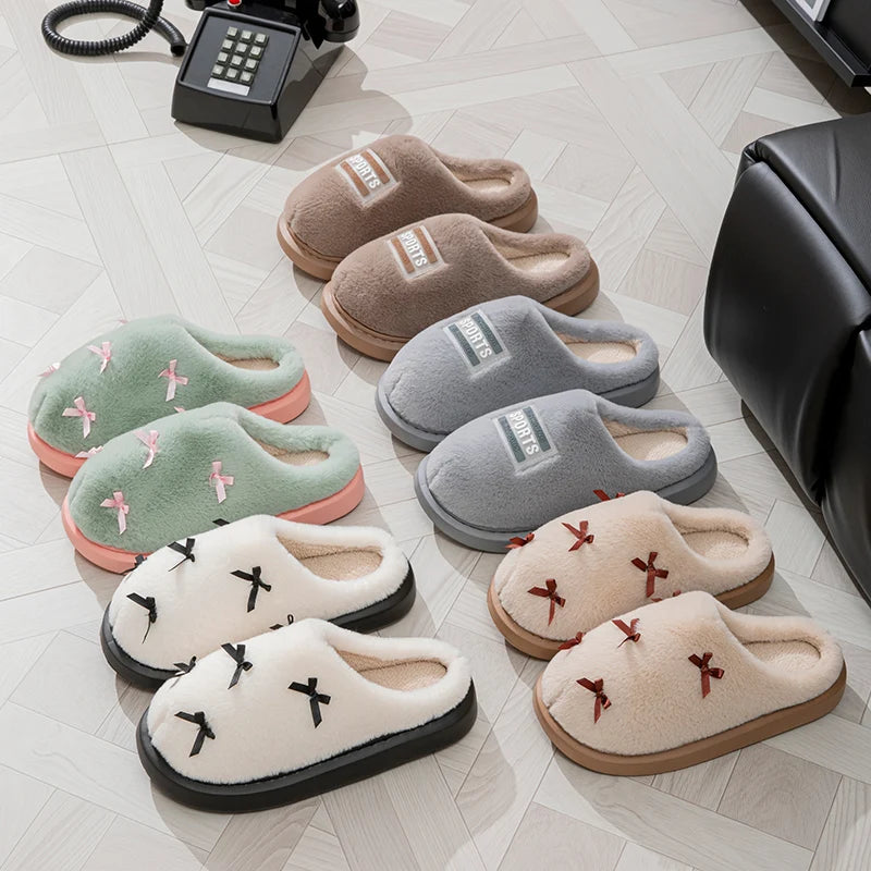 Fashion Women's Bow Slippers Winter Indoor Home Warm Non-slip EVA