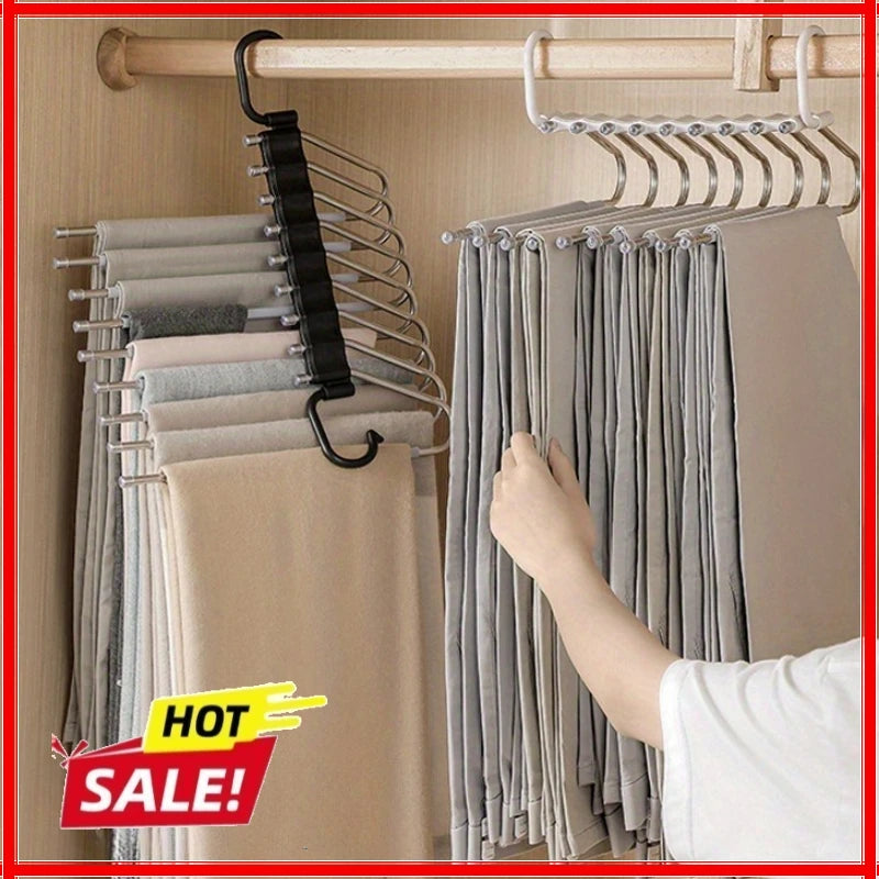 Stainless Steel Folding Pants Hanger – Multi-Layer Magic Clips & Retractable Space-Saving Organizer Zpaxo