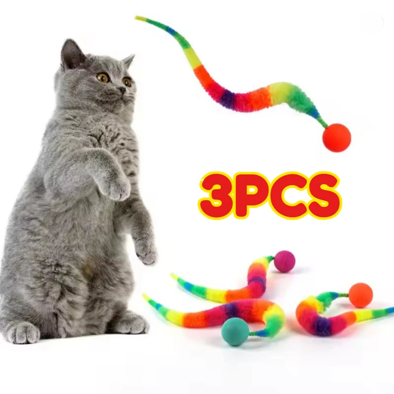3PCS Colorful Interactive Cat Teaser Toys - Twisty Worms with Attached Balls, Geometric Polyester Pet Play Sticks Zpaxo