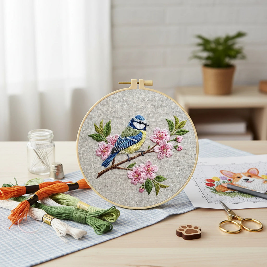 DIY Stamped Embroidery Hoop Birds Flowers Starter 30x30cm Beginners