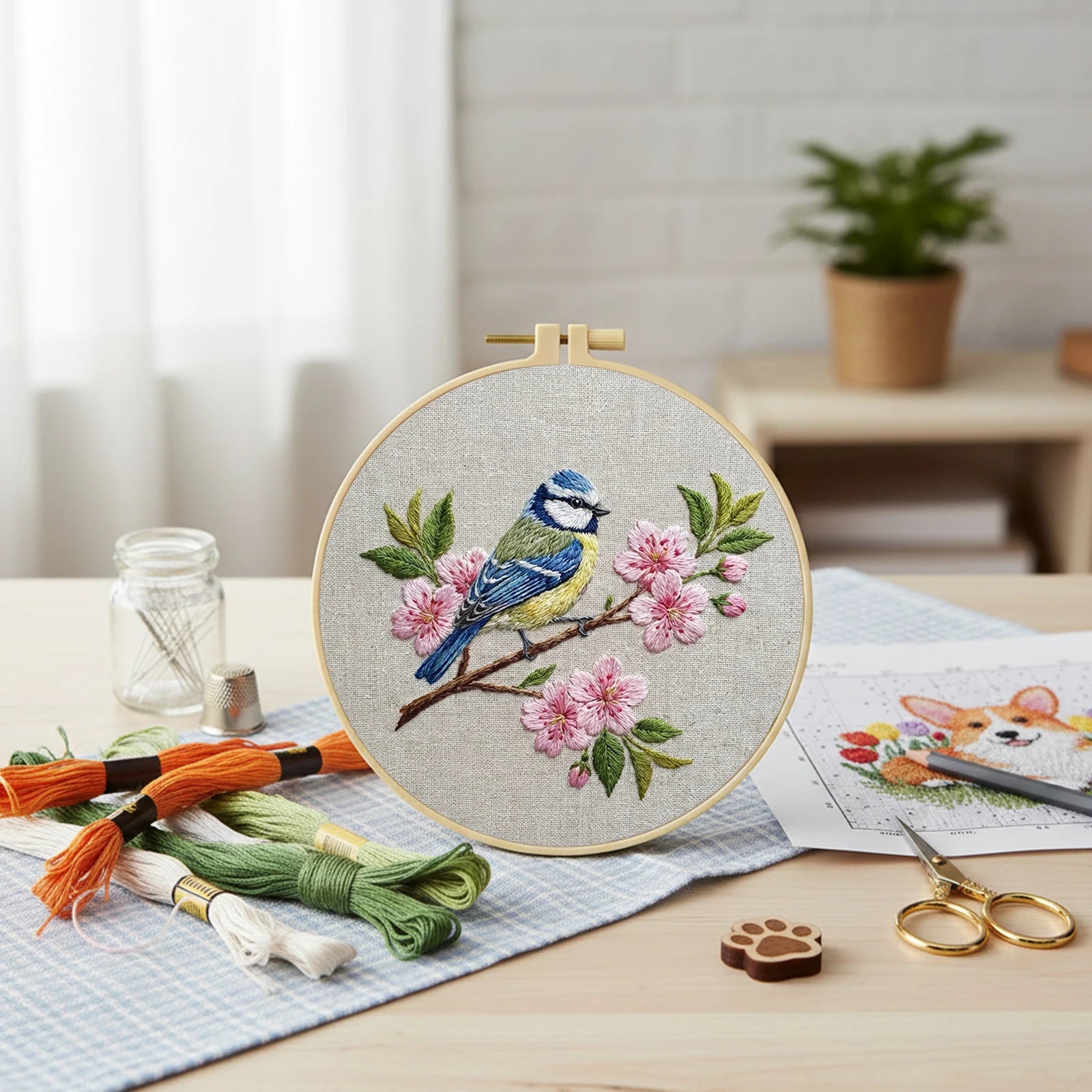 DIY Stamped Embroidery Hoop Birds Flowers Starter 30x30cm Beginners