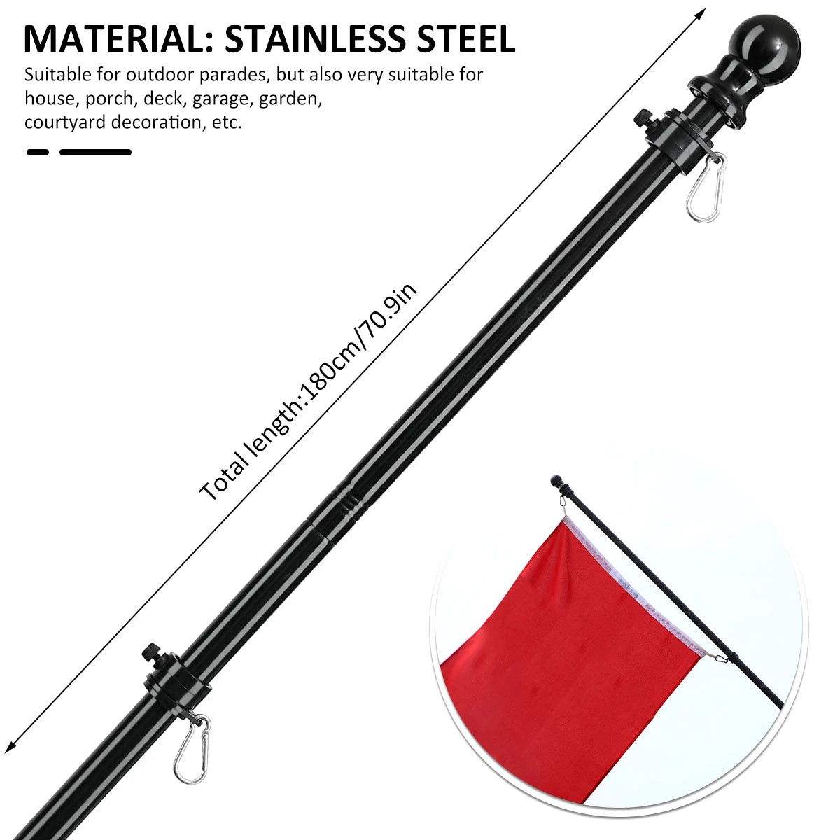1.8M Telescopic Flag Pole with Tangle-free 360 Rotating Rings Stainless Steel Guide Banner Flag Pole Wall Mount for Garden Yards Zpaxo