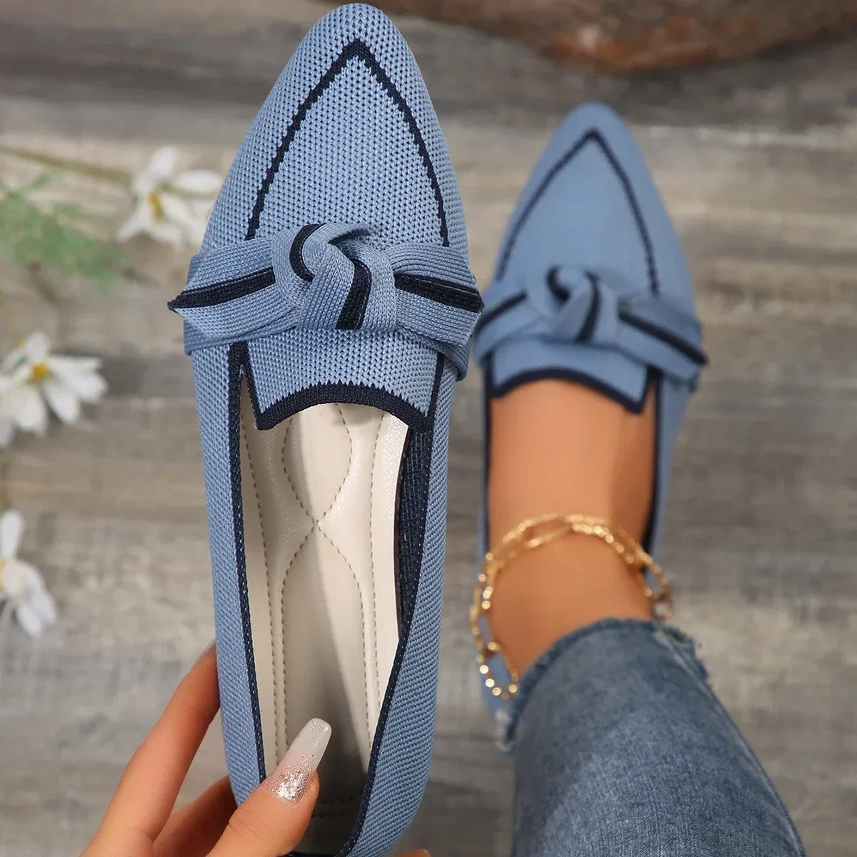 Women Flats 2024 Knitted Slip Breathable Comfortable Solid Shoes Zpaxo light blue 37