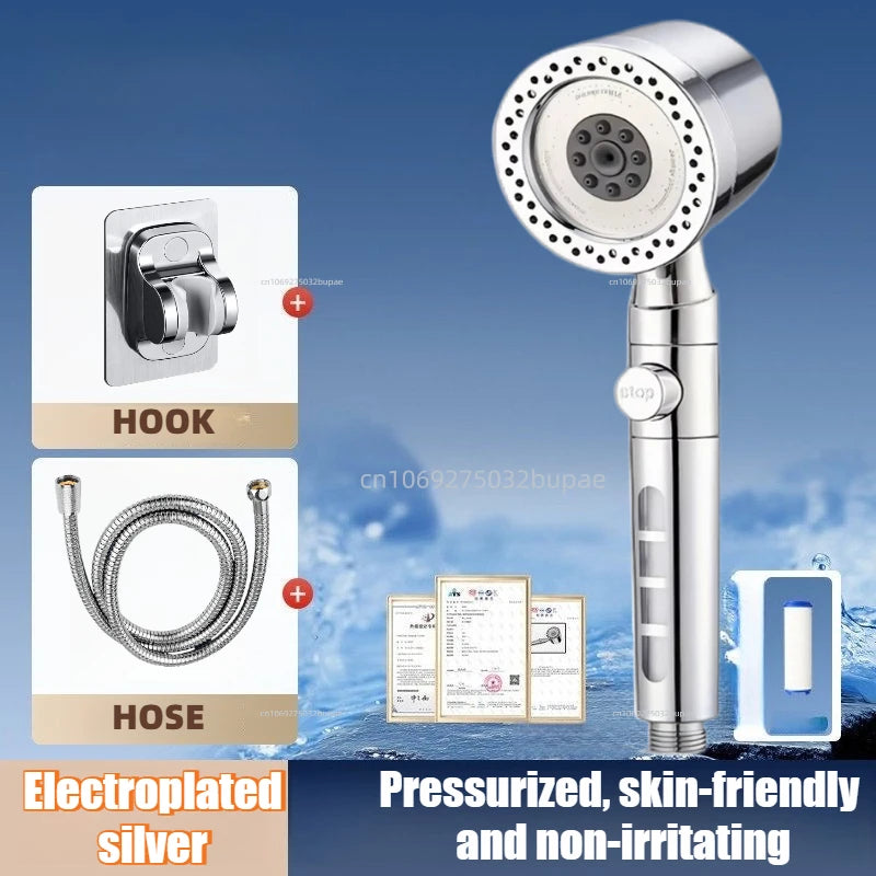 5 Modes High Pressure Water Saving Filter Shower Head Handheld Shower Head One Button Stop Bathroom Accessories Set Zpaxo Silver 3pcs