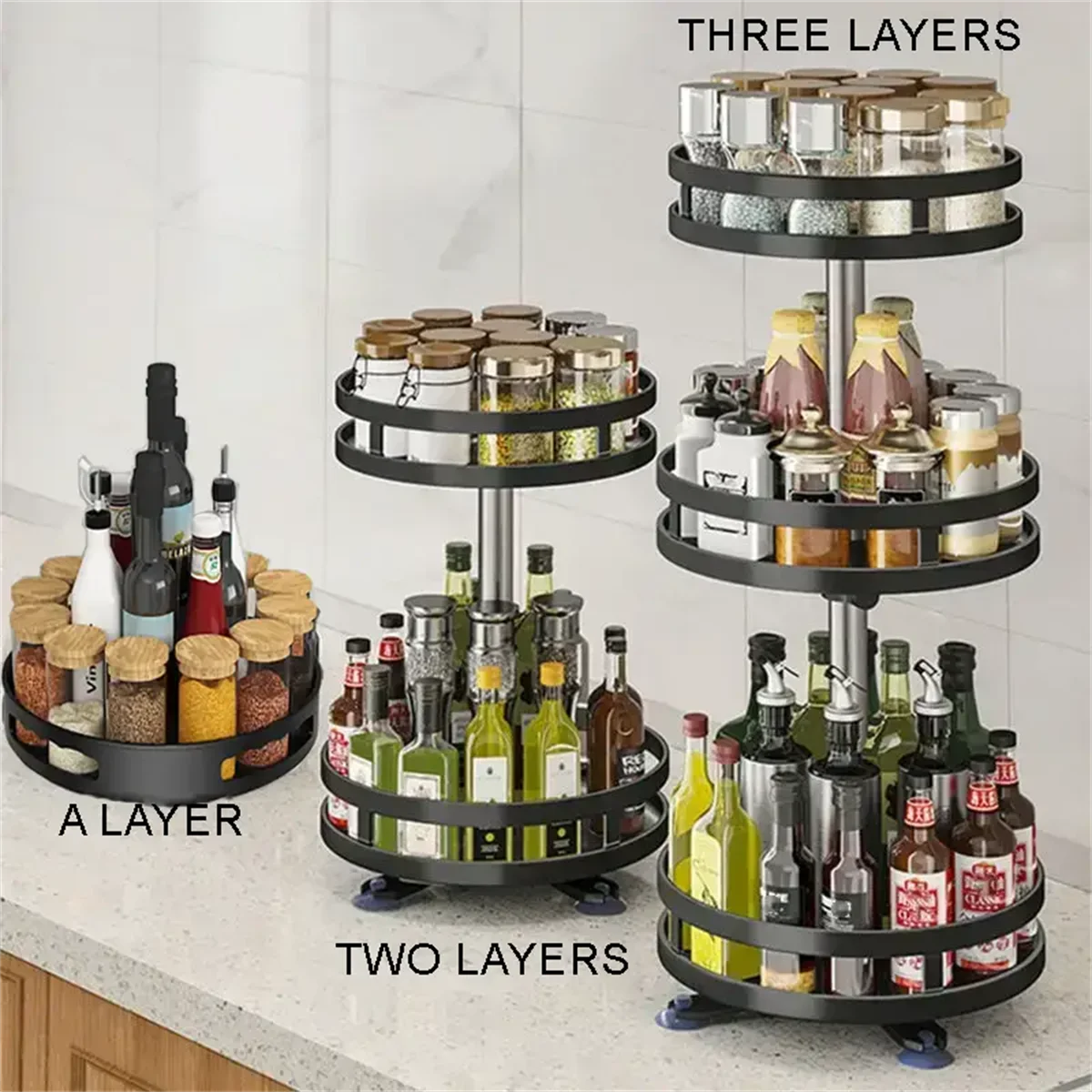 360°Rotation Spice Rack Organizer Jar Cans For Kitchen Accessories Non-Skid Carbon Steel Storage Tray For Seasonings And Spices Zpaxo