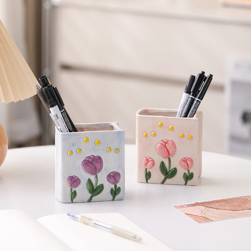 Tulip Ceramic Pen Holder Book-shaped 3D Relief Storage Makeup Brush