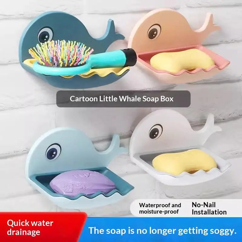 Whale Soap Dish – No-Drill Adhesive Double-Layer Drain Holder