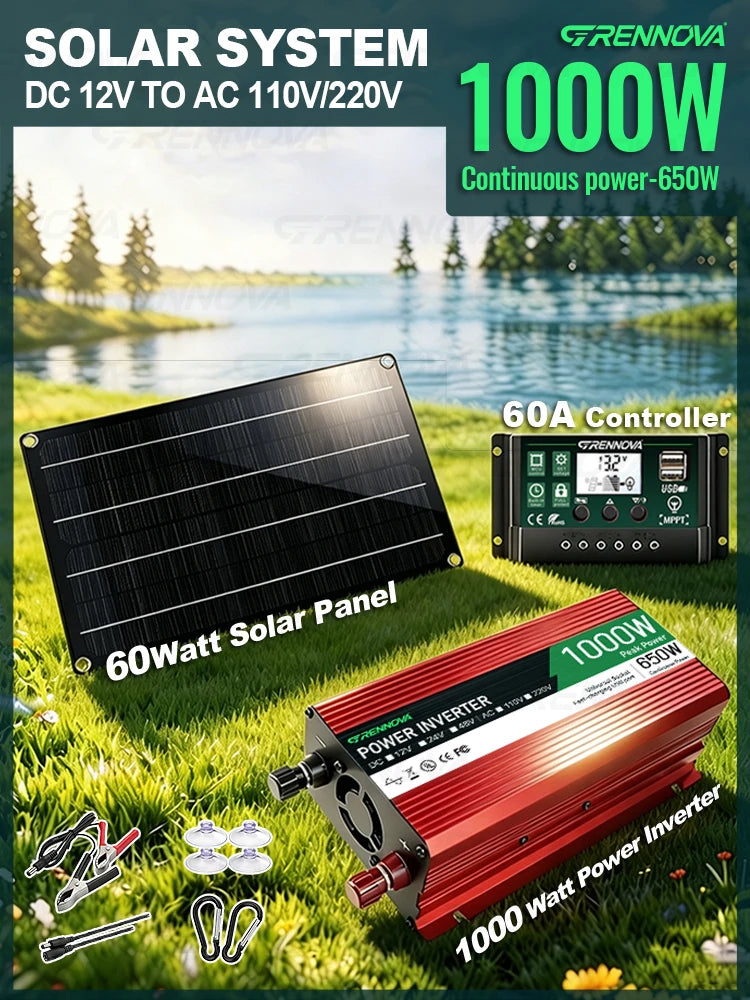 1000W Off-Grid Kit Power Solution True Watt 12V To110V/220V Inverter MPPT Controller 60W Solar Panel DIY Setup Emergency Power Zpaxo