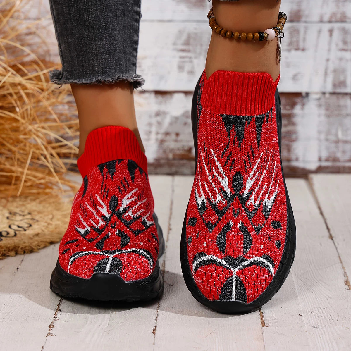 Women Sneakers Spring Casual Knitted Mesh Shoes for Women Breathable Casual Shoes Fashion Comfortable Slip-On Sneakers Women Zpaxo Red 38