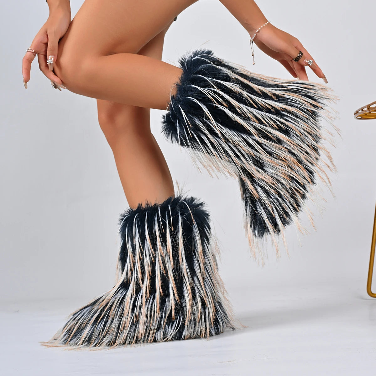 Women Faux Fur Boots Winter Fluffy Plush Warm Mid Calf Snow Boots Luxury Fashion Furry Boots Comfortable Outdoor Flat Shoes Zpaxo