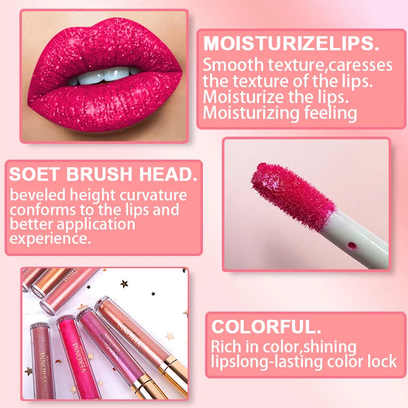 Waterproof 10 Colors Sexy Glitter Diamond Lip Gloss Shimmer Matte Liquid Lipstick LongLasting Lip Makeup Non-stick Cup cosmetics Zpaxo