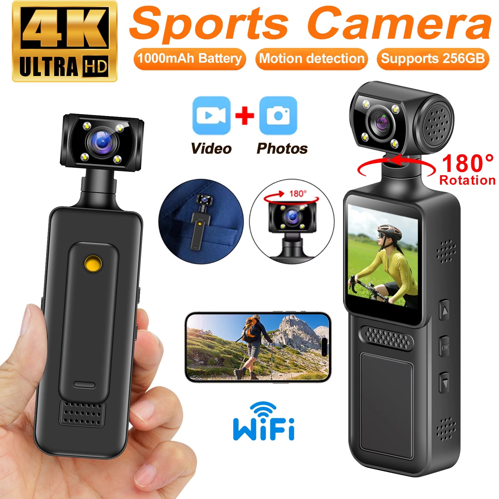 4K HD Handheld Pocket Camera 180 ° Rotating Mini Portable Camera Wearable Night Vision Outdoor Sports Camera 2025 New Zpaxo