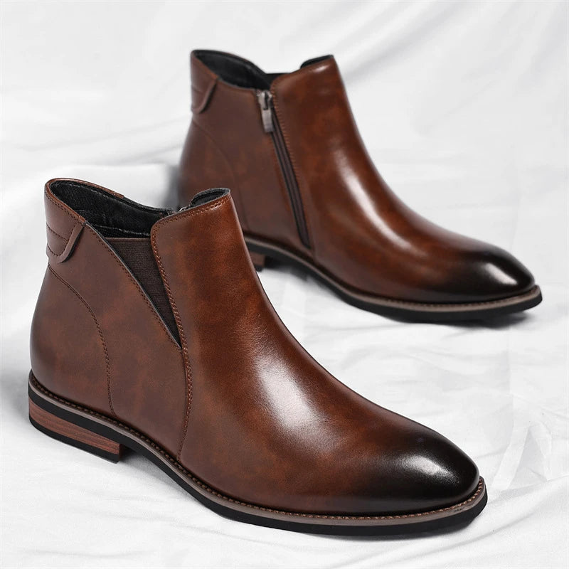 Mens Brown Gradient Leather Chelsea Ankle Boots Side Zipper Elastic Zpaxo