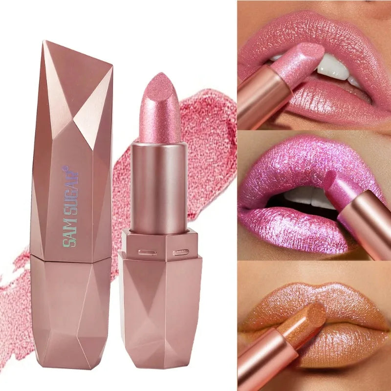 Diamond Glitter Lipstick Moisturizing Metallic Pearl Lip Tint Waterproof Long-lasting Sparkling Dazzling Gold Lip Gloss Makeup Zpaxo