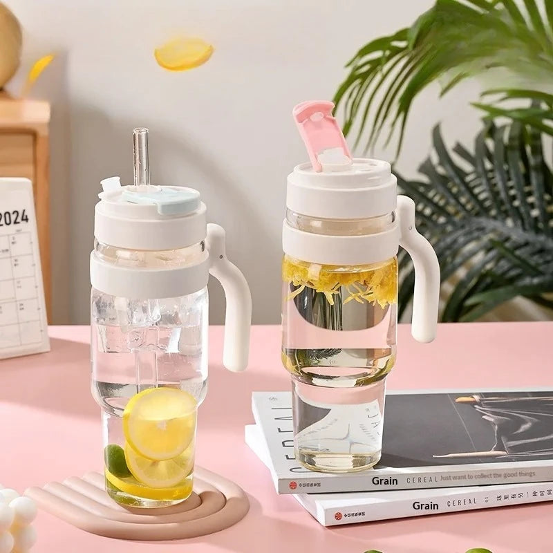 2026 New 1000ml Cross Border Popular Large Capacity Flower Tea Cup, Straw Glass Cup, High Borosilicate Car Ice Cream Cup Zpaxo