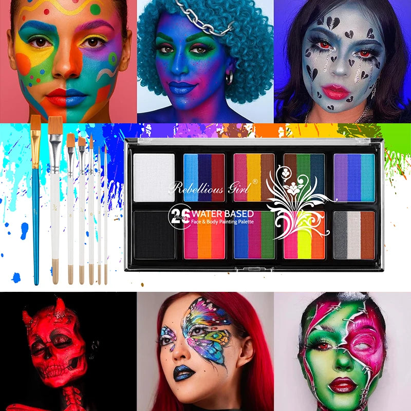 10-grid 26 color Water-Based Body Paint Palette,Easy-to-Clean Face & Body Paint Palette with Brushes,Body Paint Makeup for Party Zpaxo