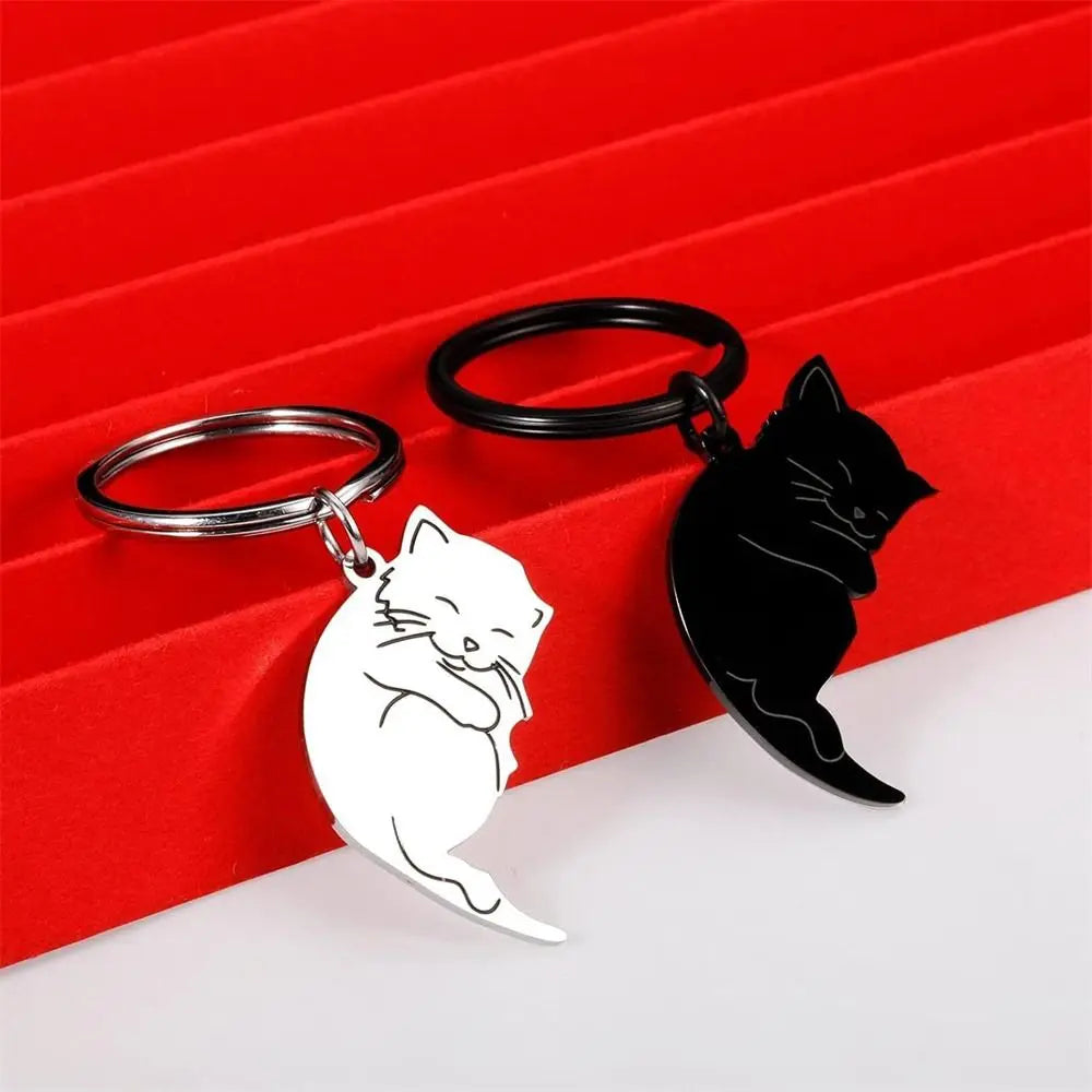 Hug Cat Couple Keychain Hanging Jewelry Bag Pendant Matching Cat Key Ring Stainless Steel Patchwork Lovers Keyring Zpaxo