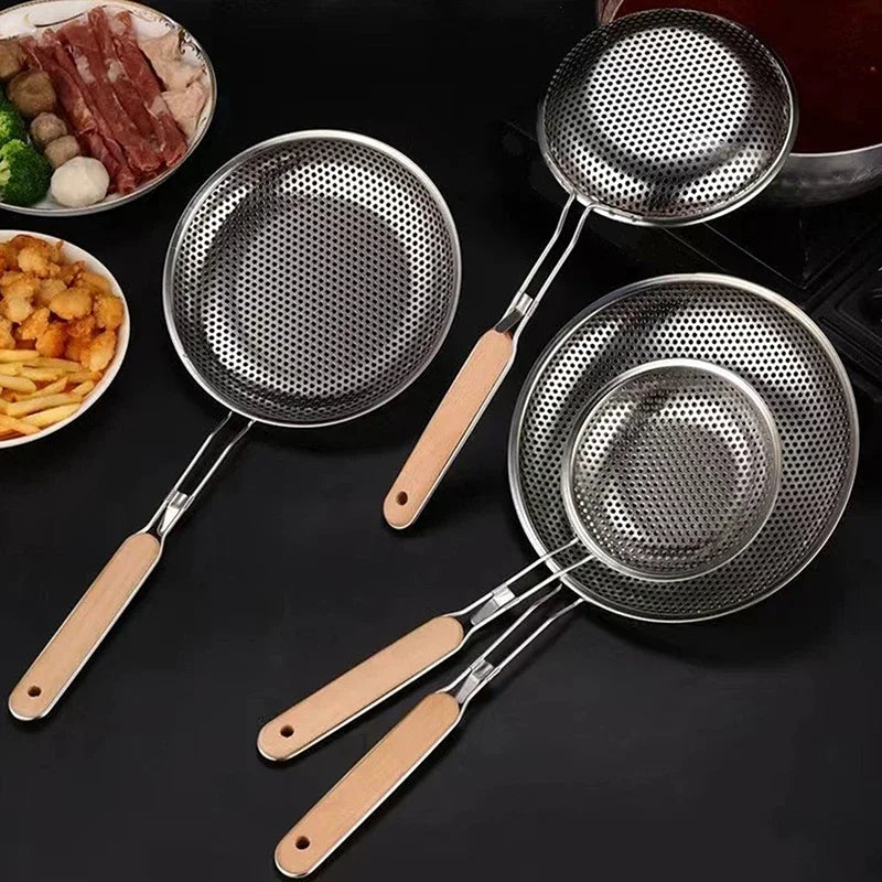 Oil Pot Food Filter Wooden Handle Stainless Steel Colander Pasta Noodle Strainer Skimmer Spoon Strainer Cooking Kitchen Utensils Zpaxo