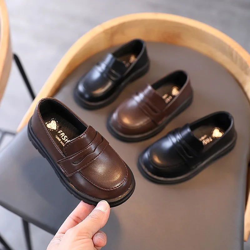 Kids Loafers Slip-on Pu Leather Shallow Black Brown Boys Girls Flat Zpaxo