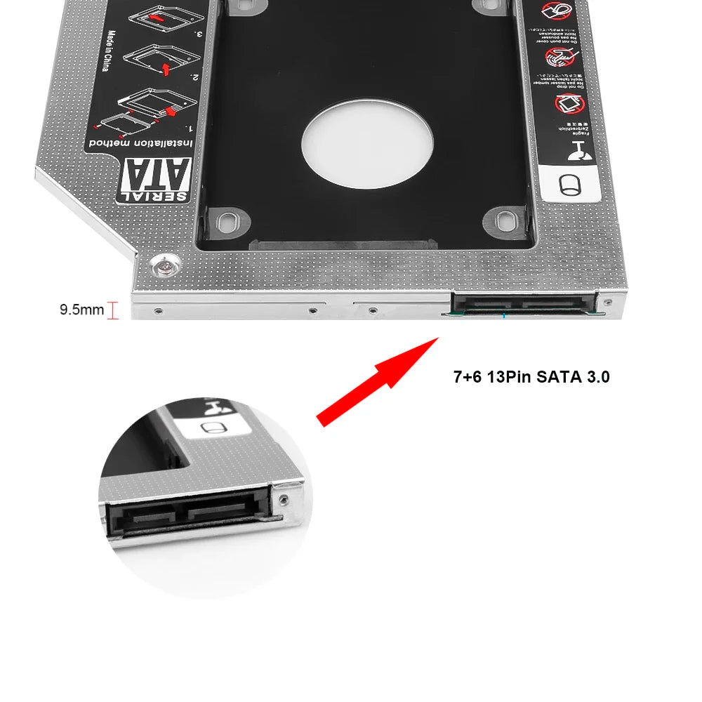 Aluminum 2nd Second Hdd Caddy 12.7mm 9.5mm SATA 3.0 for Optibay 2.5'' SSD DVD CD-ROM Enclosure Adapter Hard Disk Drive 9.5mm Zpaxo