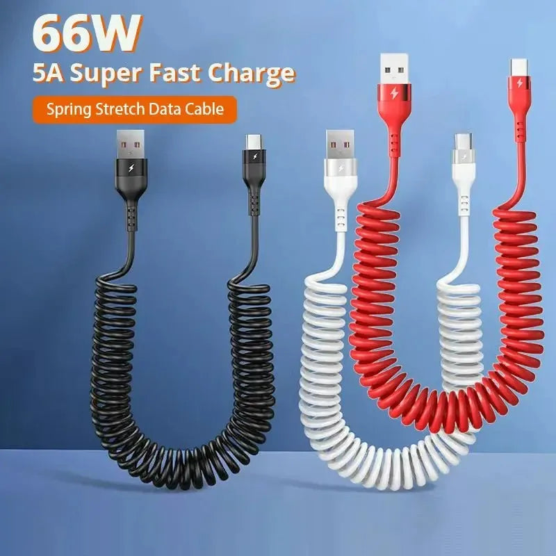 66W USB-C Spring Coil Fast Charging Car Cable – 6A USB-C Charging Cable Zpaxo