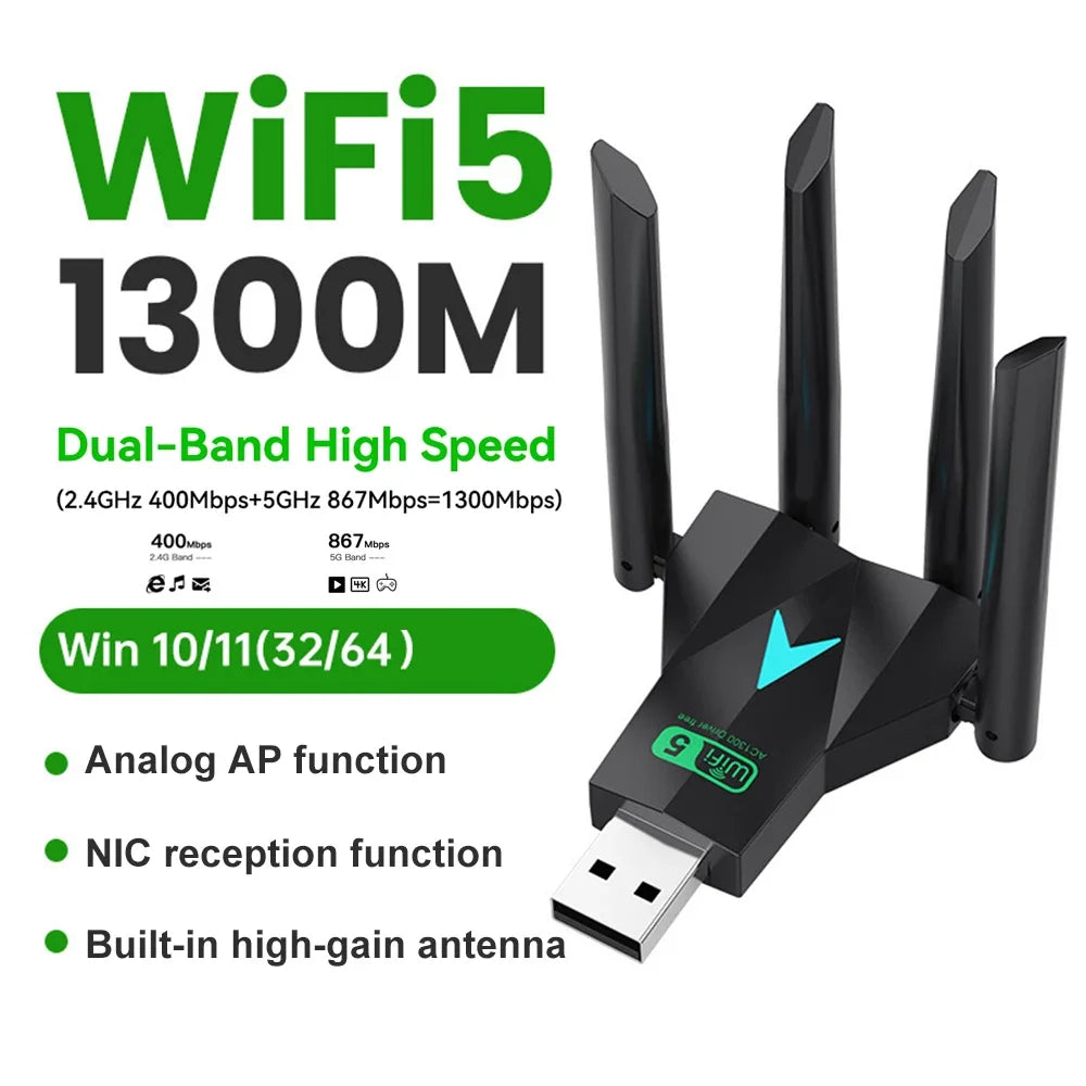USB 3.0 Network Card 1300Mbps Dual Band 2.4G/5.8Ghz USB Adapter Wi-Fi Dongle 4 Antenna Wireless Receiver 600Mbps Plug-and-Play Zpaxo