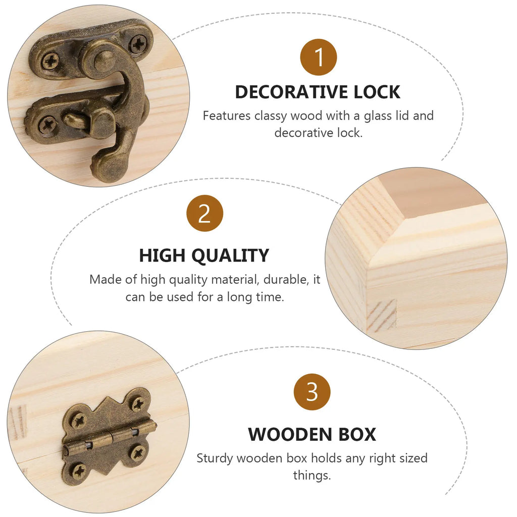 Wooden Box Classic Wood Glass Lid Lock Organizer Keepsake Crafts