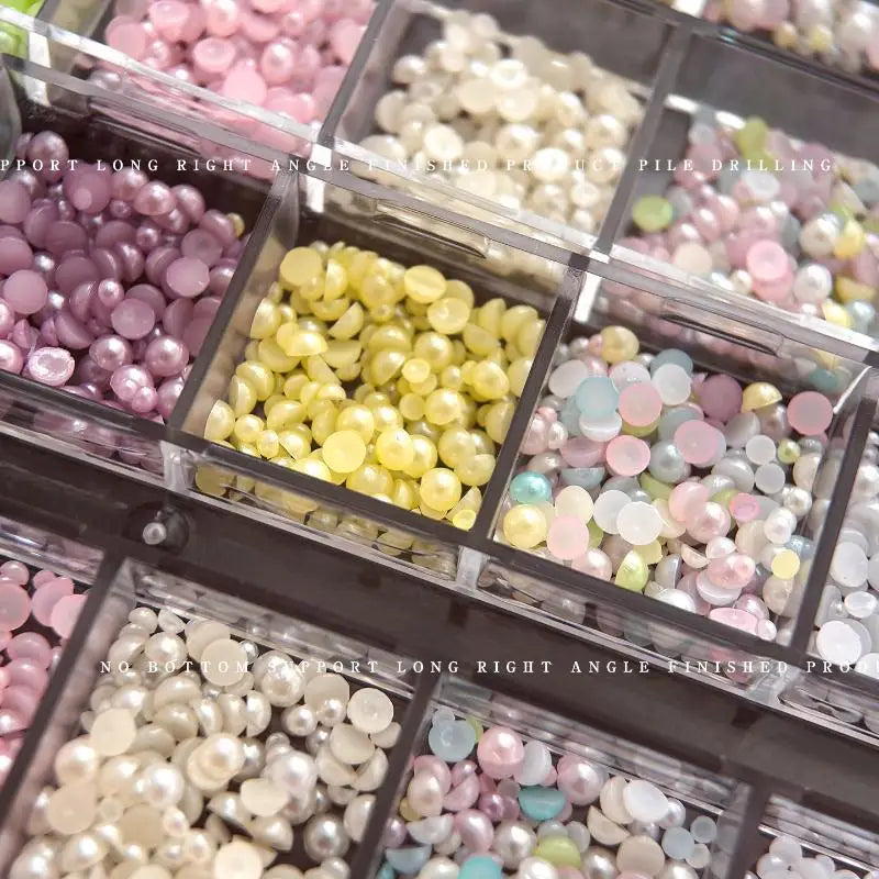 12-Grid 3D Pearl Nail Charms – Colorful Semi-Circle Bead Set