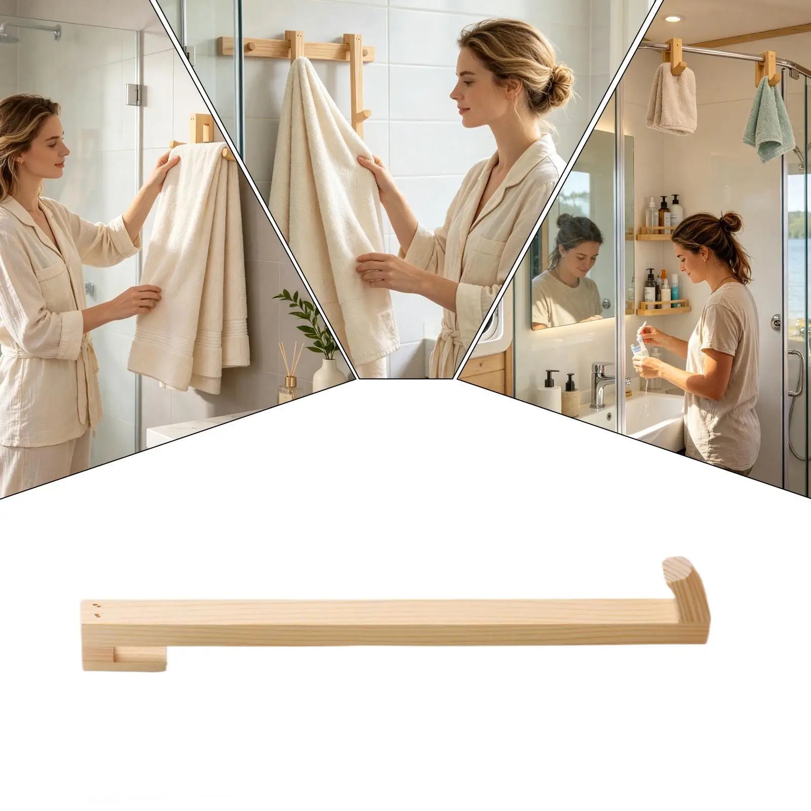 Bathroom Towel Hooks Wooden No Drill Wall Glass Door Shower Holder