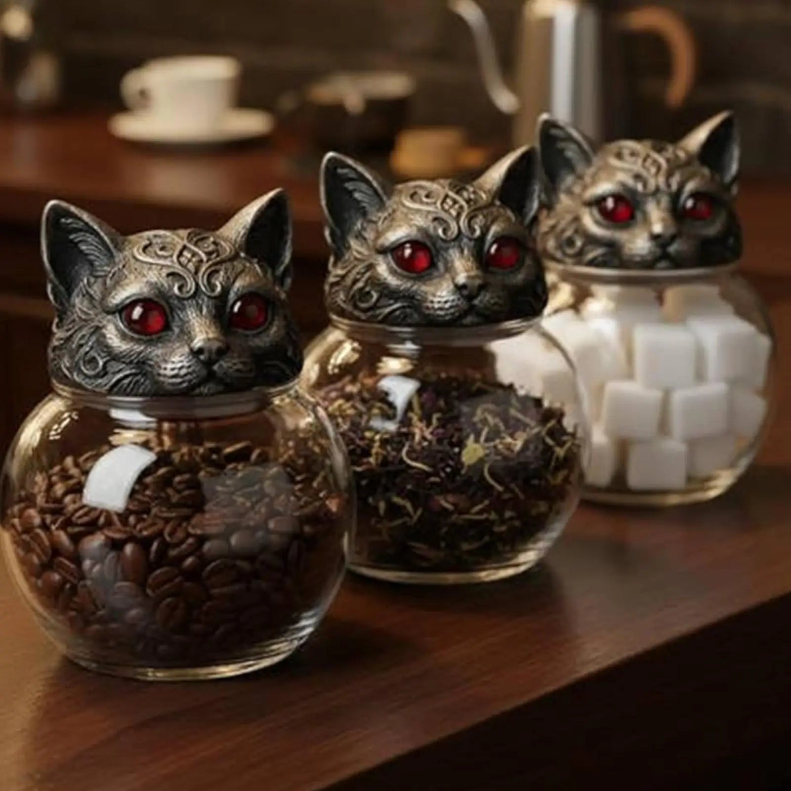 Glass Jar 3 Piece Cat Head Airtight Gothic Tea Containers seasoning Jars with Lids for Salt Pepper Tea Leaves Kitchen Dining Zpaxo