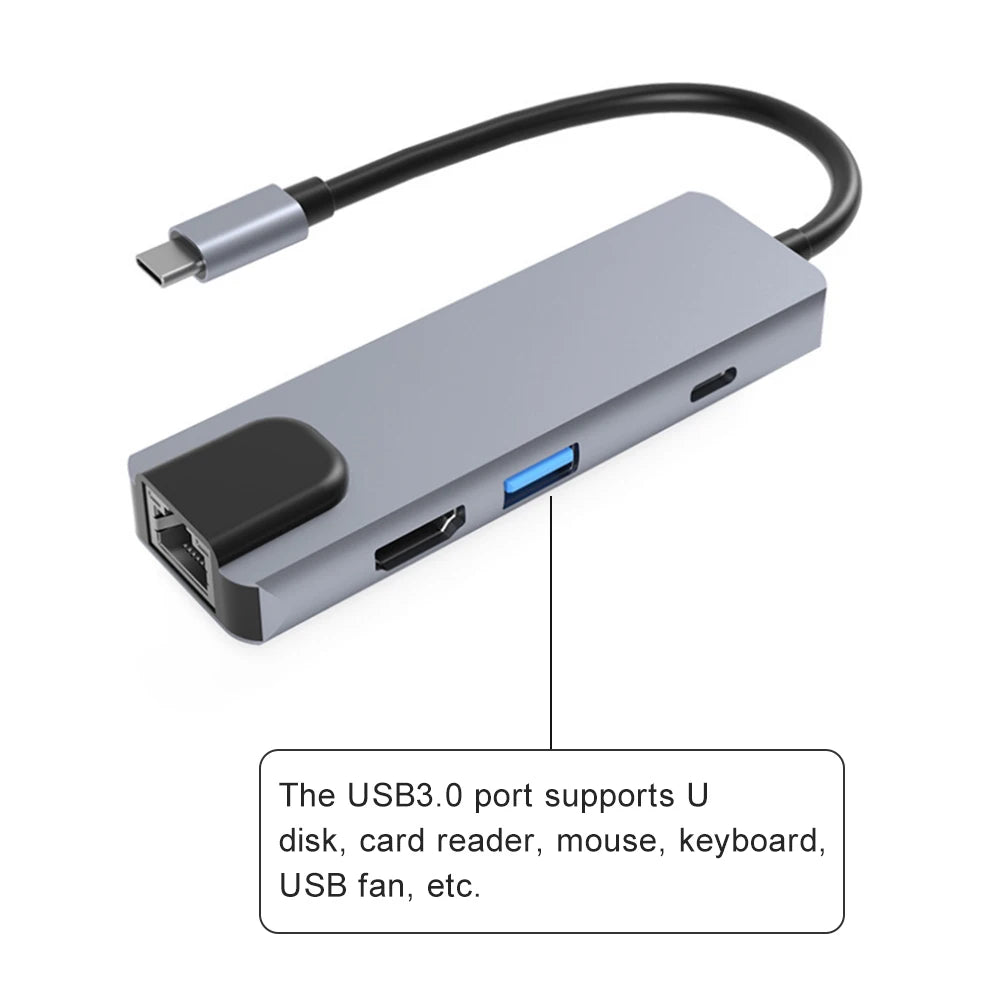 6-in-1 Type-C Hub Multifunctional Type-C Converter Av100M RJ45 HD USB3.0 PD Ports SD TF Card Slots Zpaxo