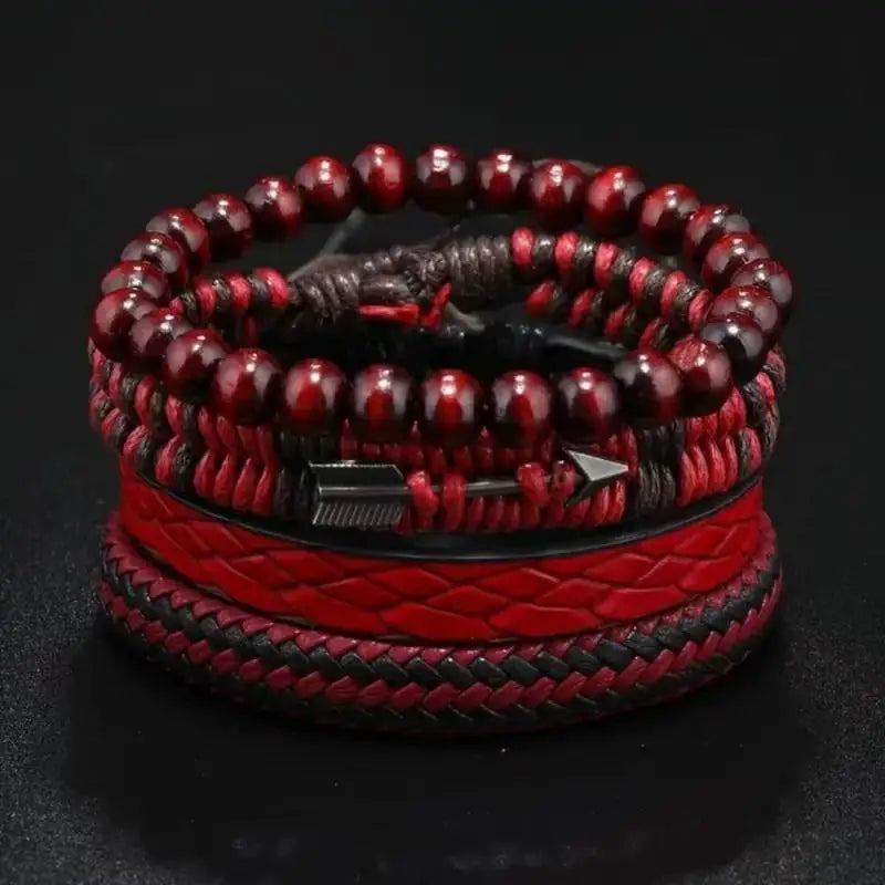 4-Piece Vintage Men's Leather & Wooden Beaded Bracelet Set