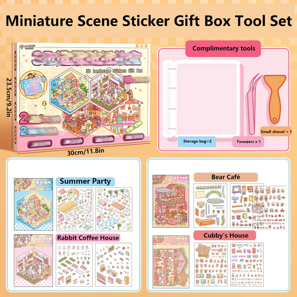 4 scene cardstock + 9 stickers + 1 tweezers + 1 small spatula + 2 pieces of storage bag + 1 gift box miniature scene combo set Zpaxo