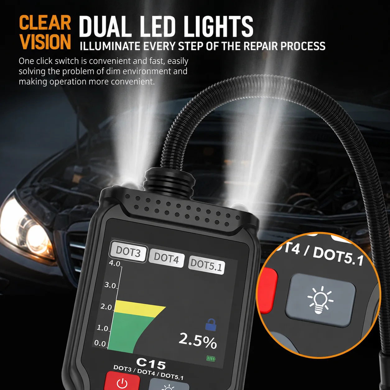 Automotive Brake Fluid Tester Test Oil Liquid Quality Water Content DOT3 DOT4 DOT5.1 Digital LCD Analyzer Flexible Probe Tool Zpaxo