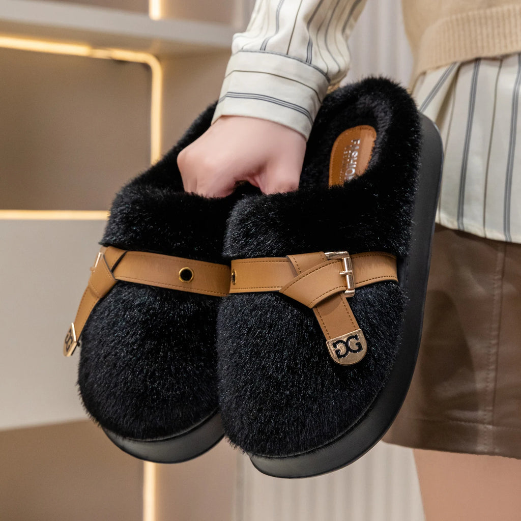 Women's Plush Slippers Winter Indoor House Shoes Non-slip Soft Sole