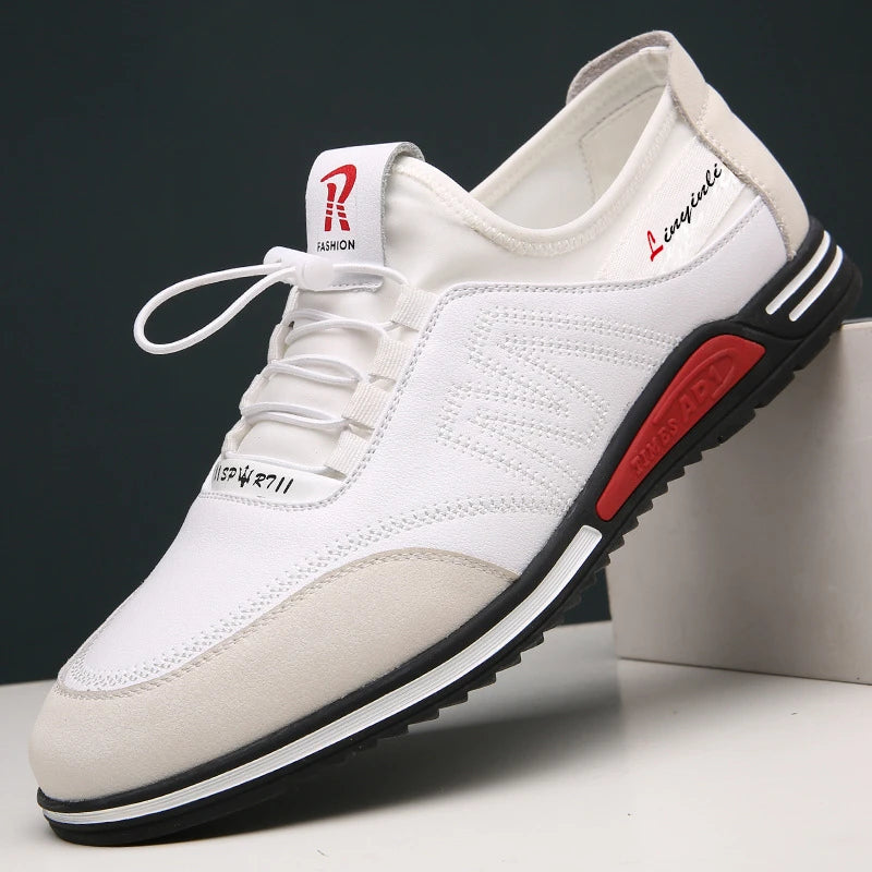 Mens White Casual Sneakers Elastic Drawstring Lace Red Accent Non Zpaxo
