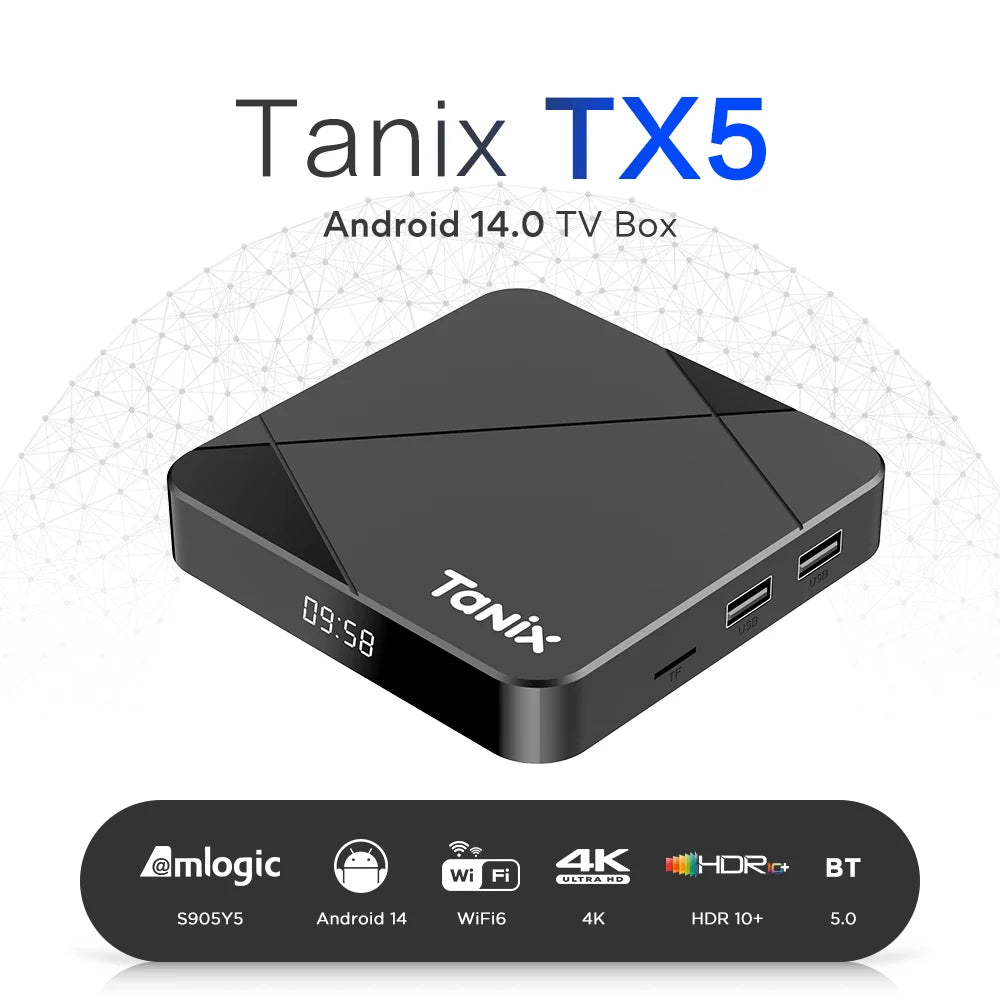 Tanix TX5 Android14 TV Box Amlogic S905Y5 Quad Core 16 32 64GB AV1 BT Zpaxo