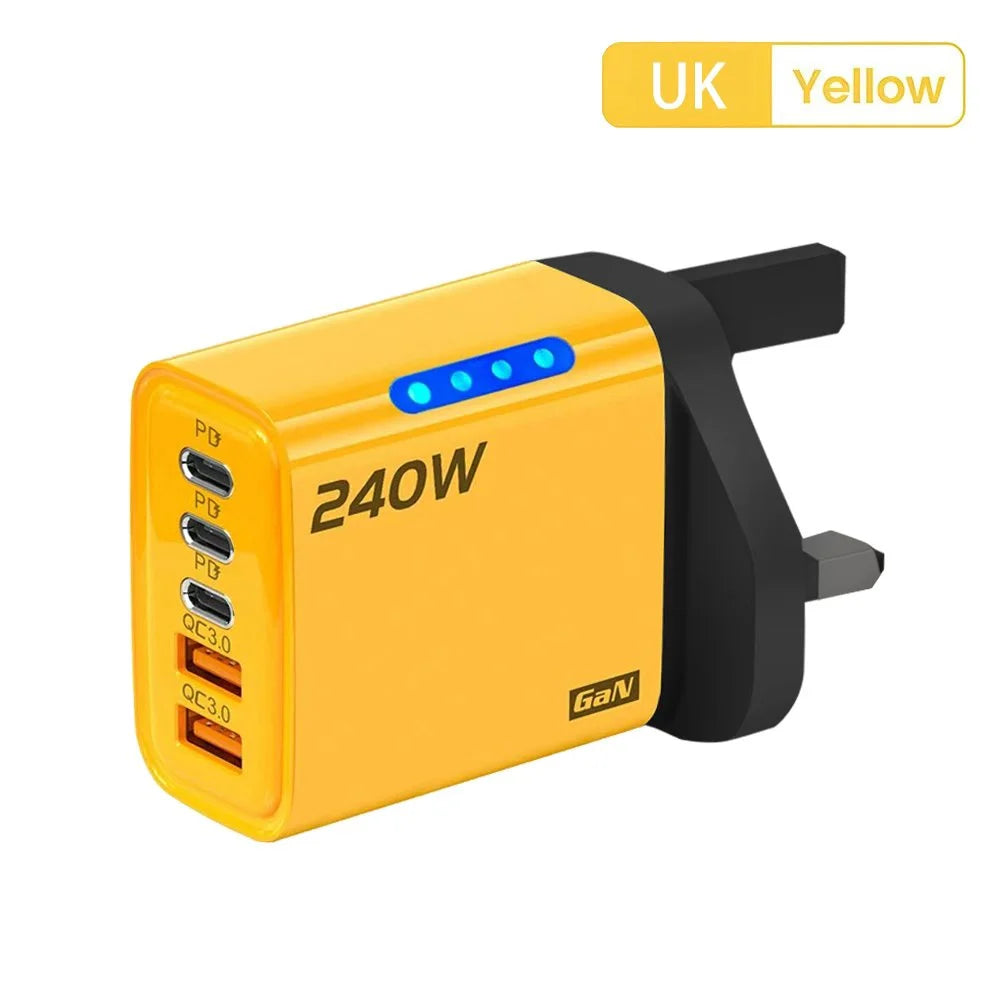 240W USB-C Fast Wall Charger – Travel Adapter EU/US Plug USB-C Wall Charger Zpaxo UK Yellow