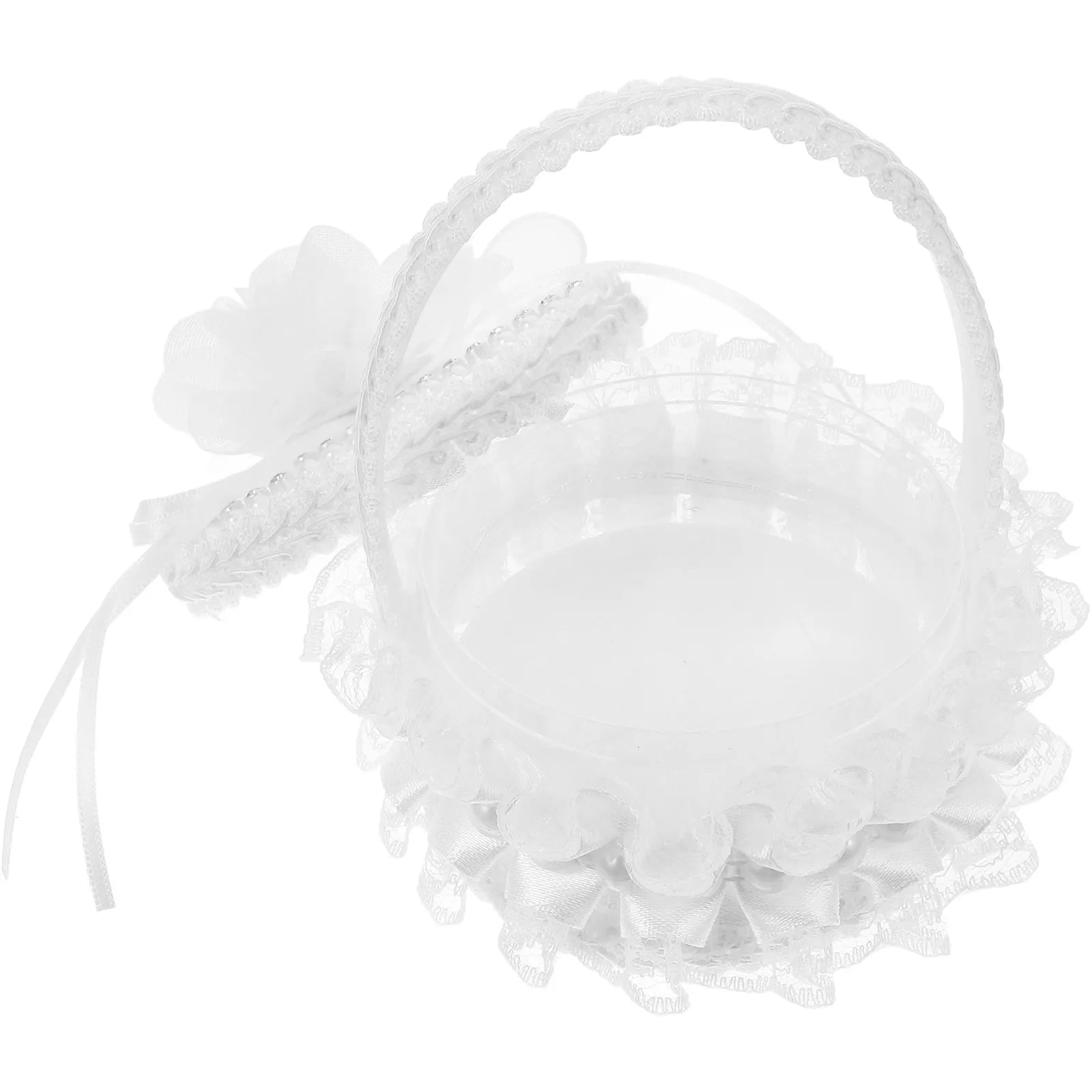 White Mini Satin Ring Box Embroidered Wedding Basket Pearl Handle
