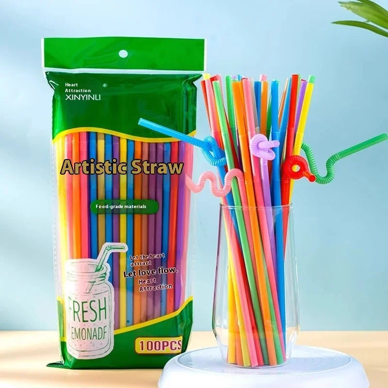 New 100Pcs Foldable Multicolor Disposable Long Straw, Single Curved Colored Food Grade Beverage, Milk Tea, Fruit Juice Straw Zpaxo