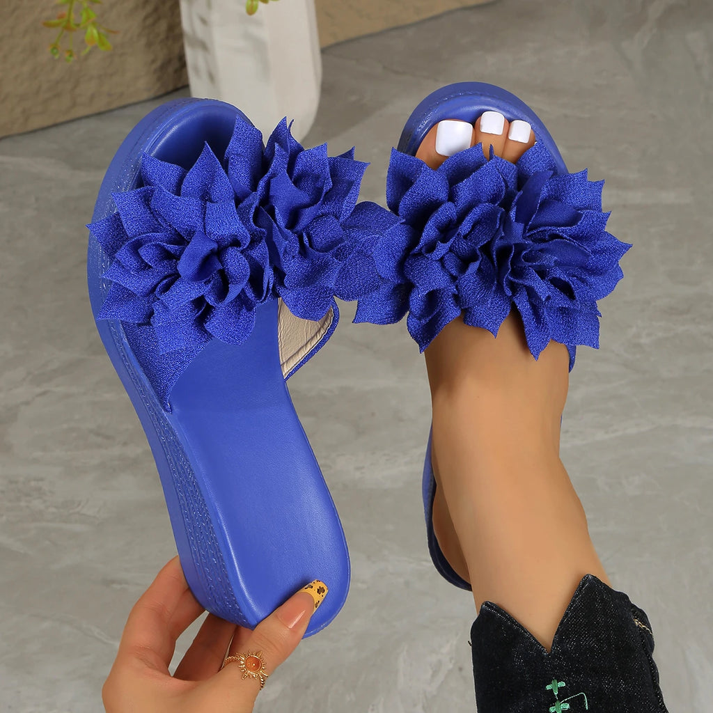 Floral Women Sandals 2025 Large Platform Slippers Thick Bottom Heel Zpaxo Blue 39