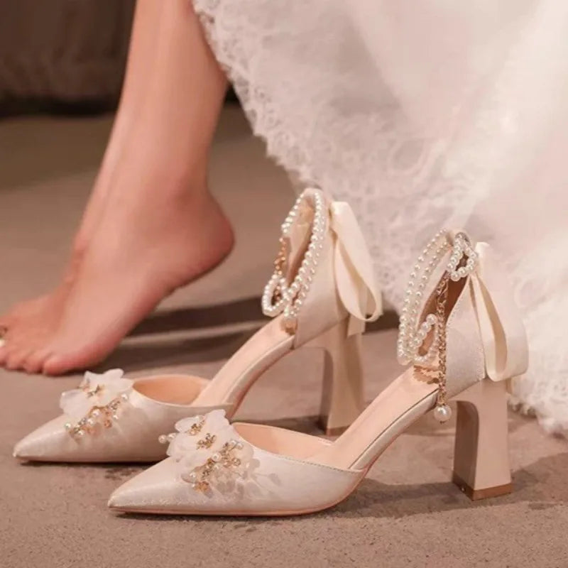 Women Sandals All-match Comfort Wedding Shoes Pointed Heel Retro Zpaxo