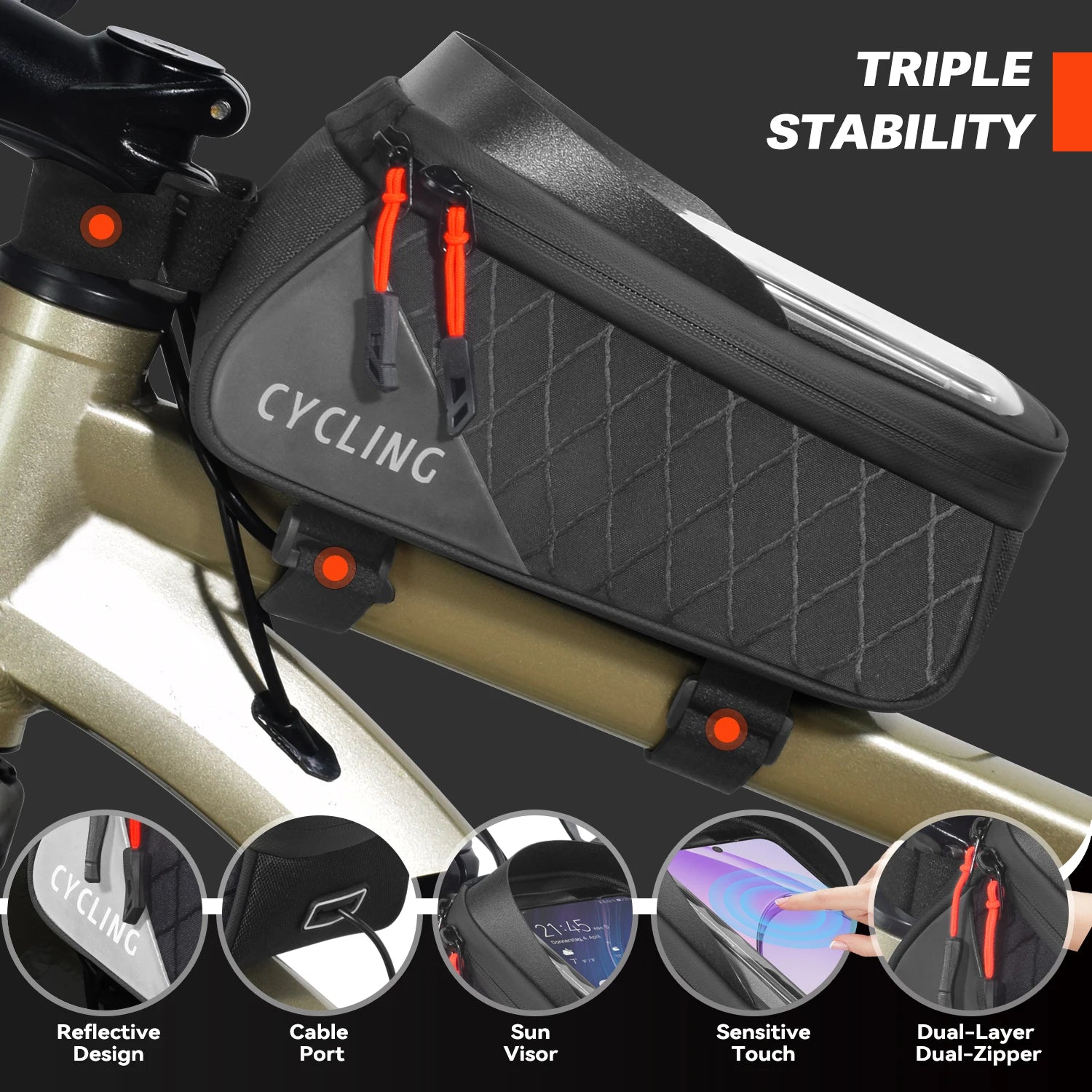 New Bicycle Saddle bag Phone Touch Screen Bag Triple Stable Touchscreen Cycling Phone Holder With Cable Port Dual Zipper Cyclin Zpaxo