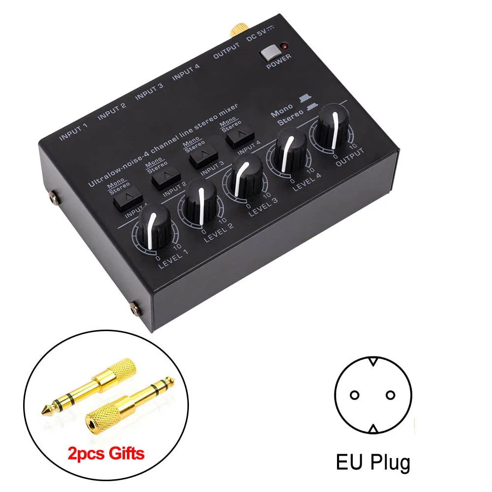 Professional Sound Mixer 4 Channel Mixer Stereo with 2pcs 6.5 3.5mm Converter RCA Output Mixer Mini Low Noise Sound Mixer Zpaxo EU Plug