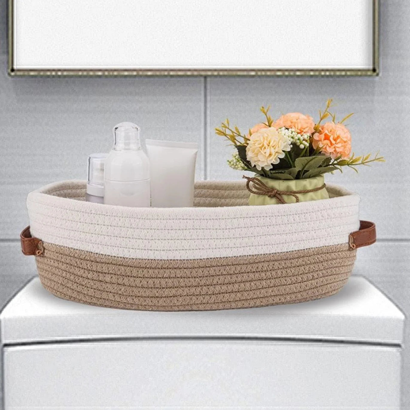 Oval Woven Bathroom Storage Basket, Multifunctional Desktop Organizer, Toilet Paper Holder, Toy Storage Basket Zpaxo brown white