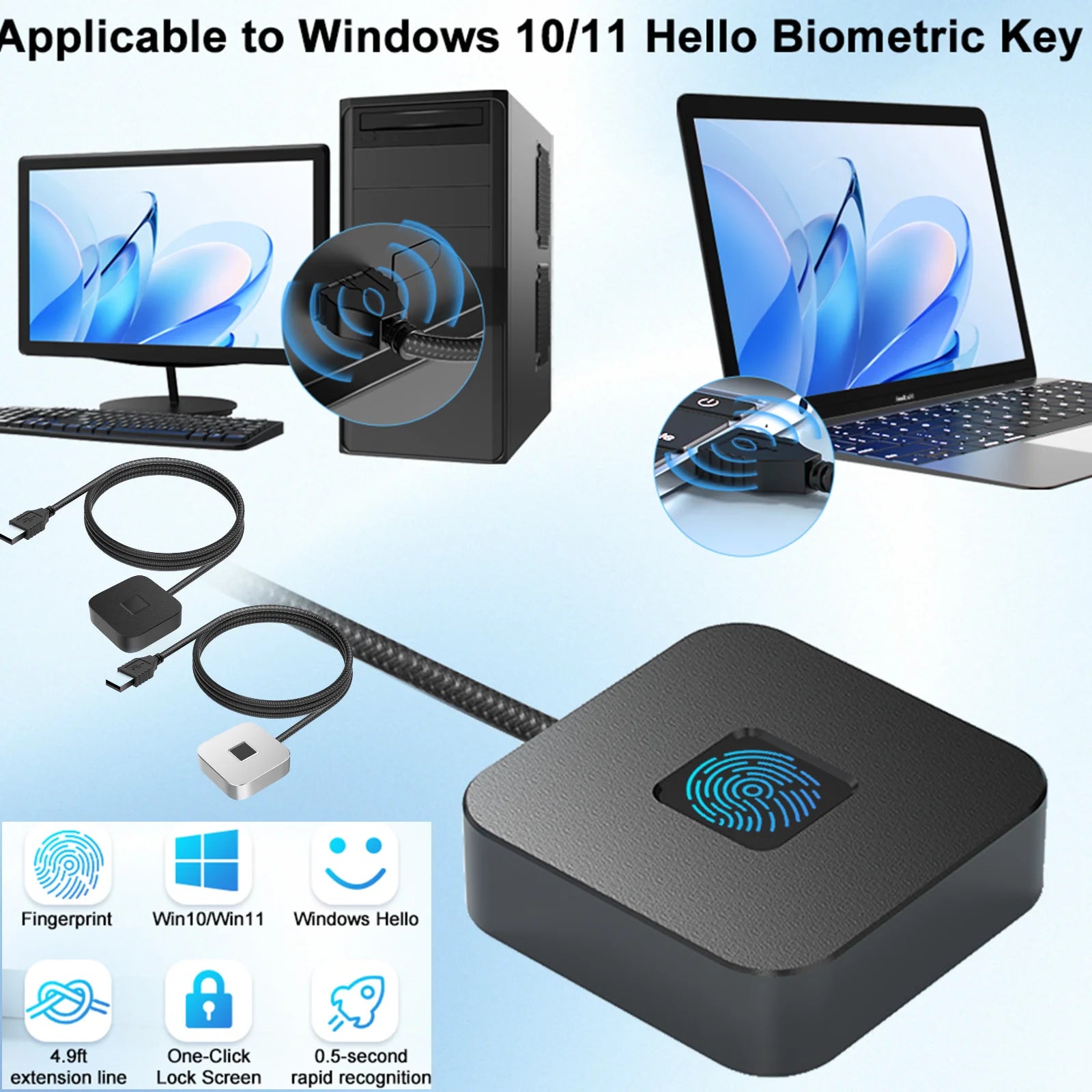 Windows Hello 10 11 Fingerprint Reader 5ft Cable Portable USB Logger