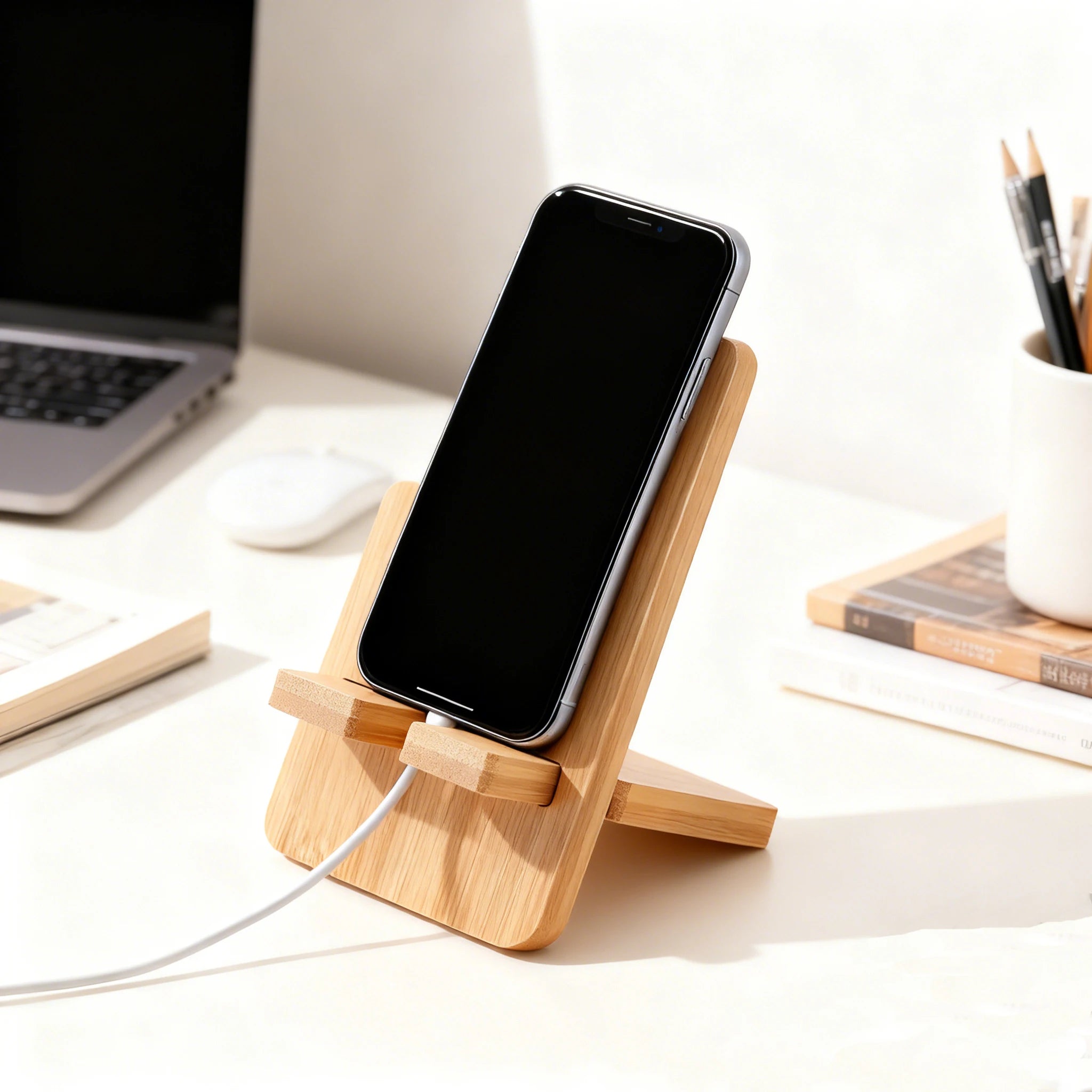 Bamboo Wood Desktop Phone & Tablet Lazy Stand Dock